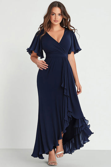 Marinblå Chiffong V-ringad Lång Plus Size Formell Klänning